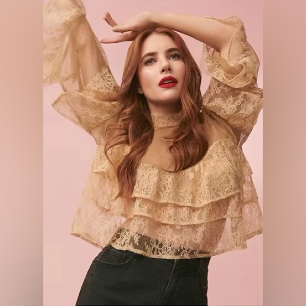 NWT Velvet Dotted Chantilly Lace Ruffle Top As Seen On Emma Roberts